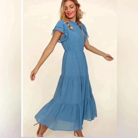 HAPTICS Coastal Blue Maxi Dress Side Pockets Ruffle Short Sleeve Spring Summer - Picture 1 of 14